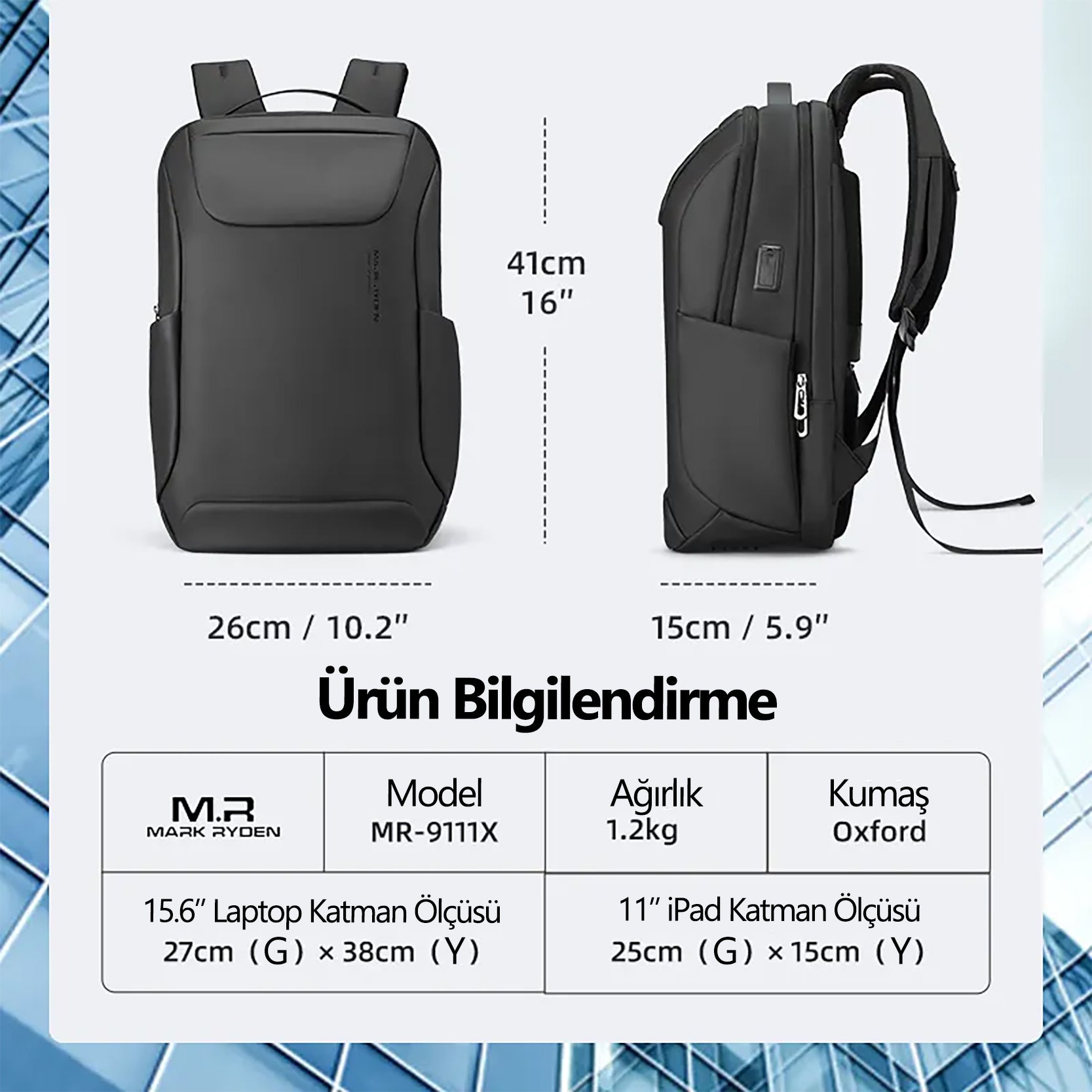 Eminence: Şık Suya Dayanıklı Çok Bölmeli Sırt Çantası USB Portlu