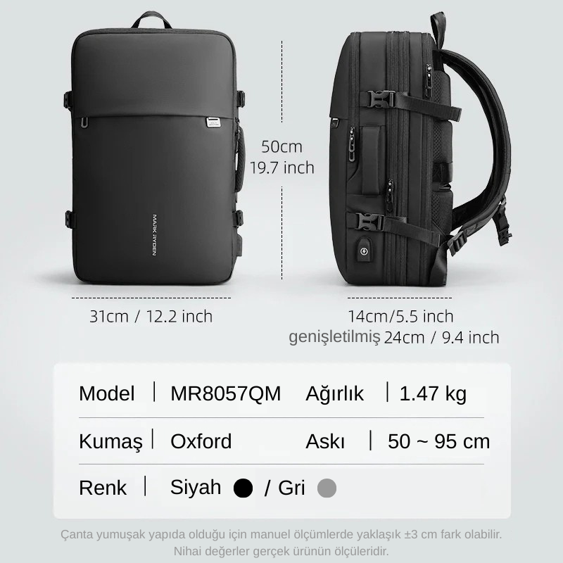 Pathrato Pro: Genişletilebilir Vakumlu Su Geçirmez Şarj Portlu Seyahat Sırt Çantası