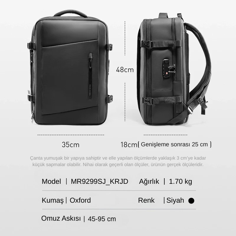 Expandos Max: Çok Yönlü Maksimum Kapasiteli Genişletilebilir TSA Kilitli Şarj Portlu Seyahat Sırt Çantası