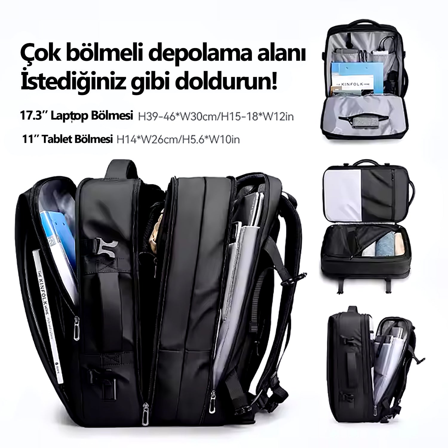 Super: İş Seyahati Üniversite Üç Katmanlı Ana Cepli Geniş Sırt Çantası 45L